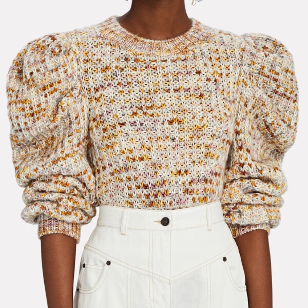 Designer Ulla Johnson Merino Wool + Mohair Blend Colorful Puff Sleeve Sweater